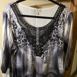 Womens Live and Let Live Black and Gray Patterned Blouse 2X